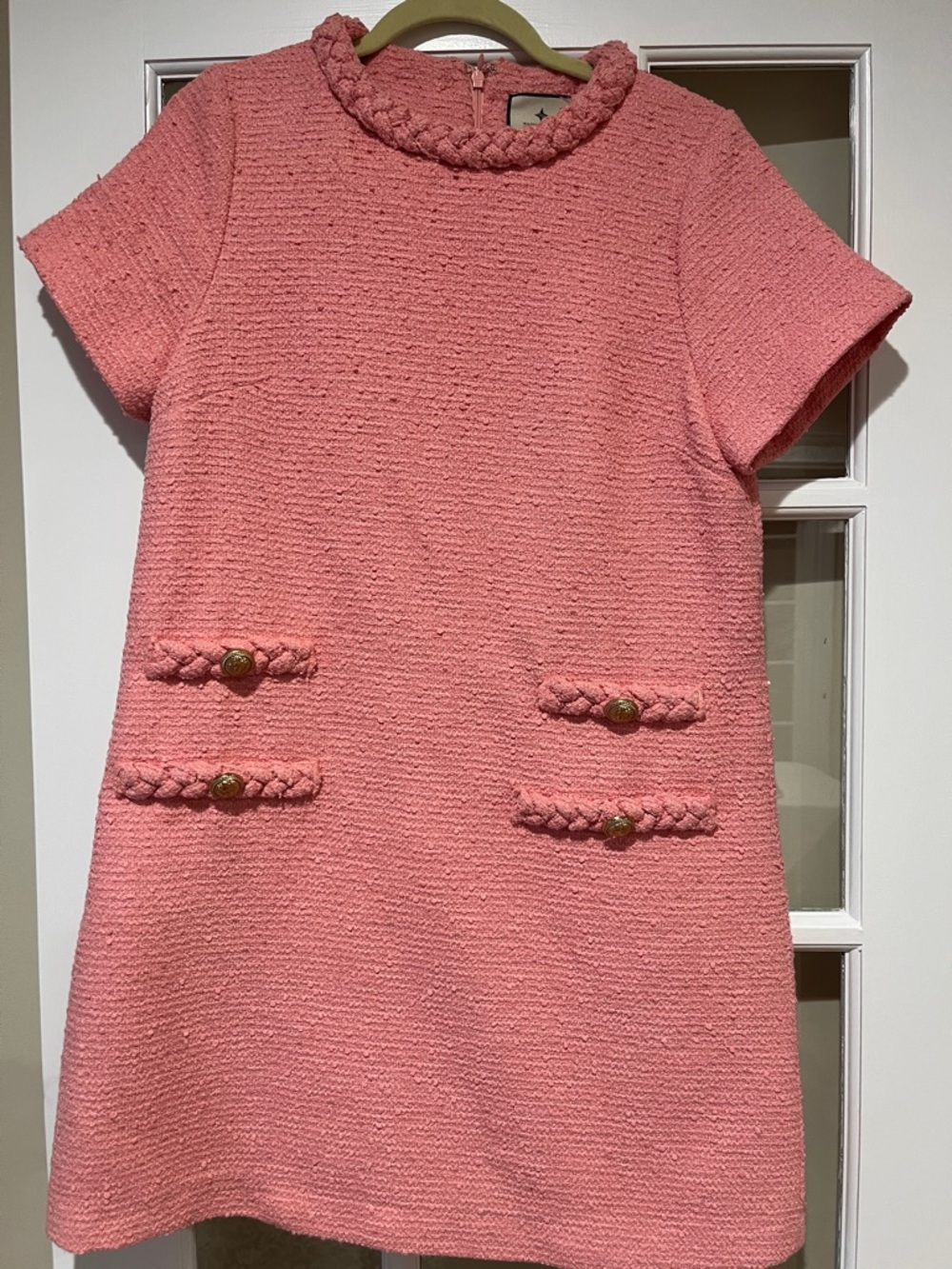Tuckernuck Coral Pink Textured Shift Dress with Braided Trim